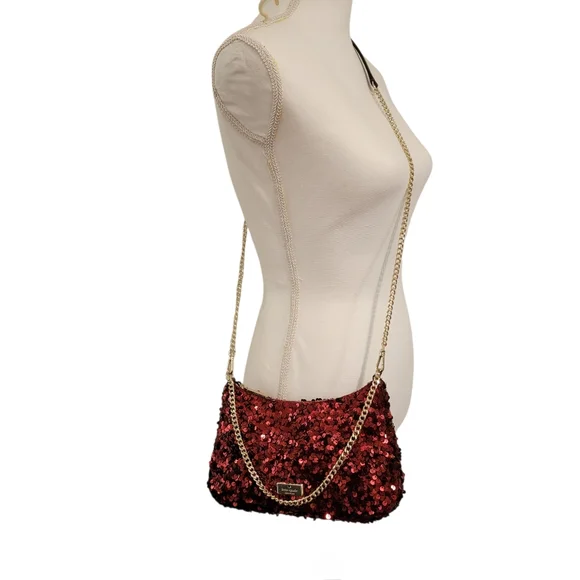 Kate Spade Kiki Deep Berry Burgandy Sequin Convertible Shoulder Bag Purse - Picture 2 of 15